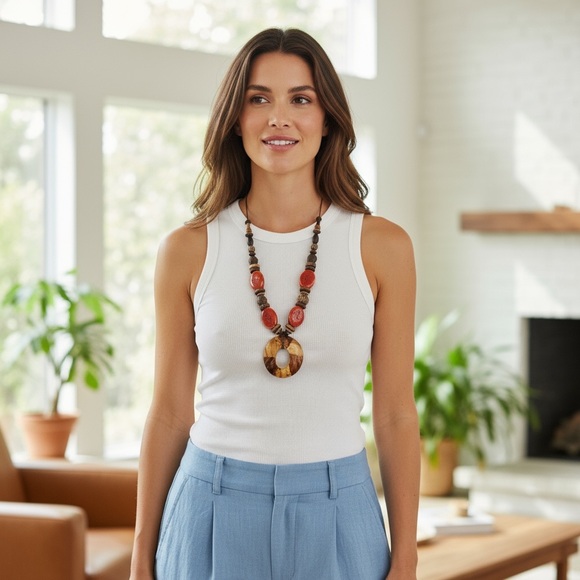 Artisan Red and Brown Wood Beaded Necklace Handmade - Picture 3 of 7